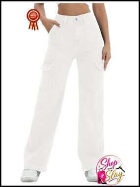 Women's High Rise Cargo Straight Leg Stretch Jeans 6 Pockets Casual